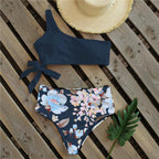 Bikinis Women New One Shoulder Swimwear High Waist Swimsuit Bandage Bathing Suits Beach Wear Female Lace Two Piece Swim Dress with Bikini Bottom Bathing Suits Stevvex