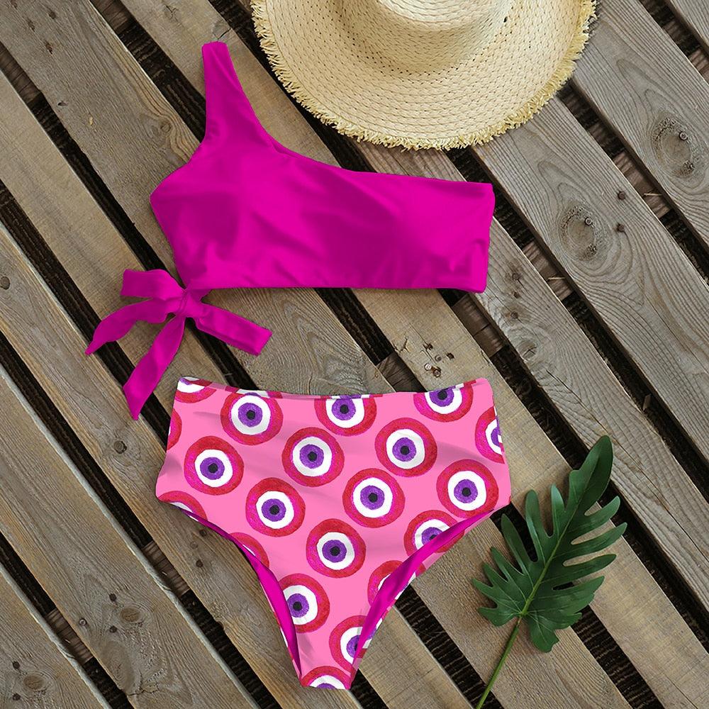 Bikinis Women New One Shoulder Swimwear High Waist Swimsuit Bandage Bathing Suits Beach Wear Female Lace Two Piece Swim Dress with Bikini Bottom Bathing Suits Stevvex