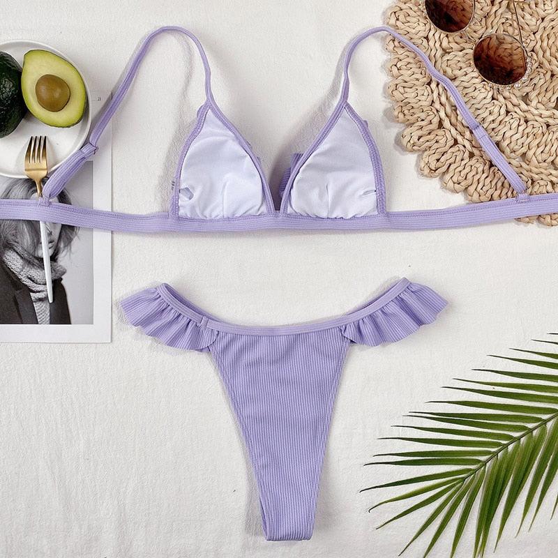 Bikinis Women's Swimsuits Crop Top High Cut Bikini Set String Bathing Suits Two Piece Swimsuits Ruffle Women's Swimwear Push Up Bathing Suits High Cut Bikini Set Two Piece Bathing Suits For Women Stevvex