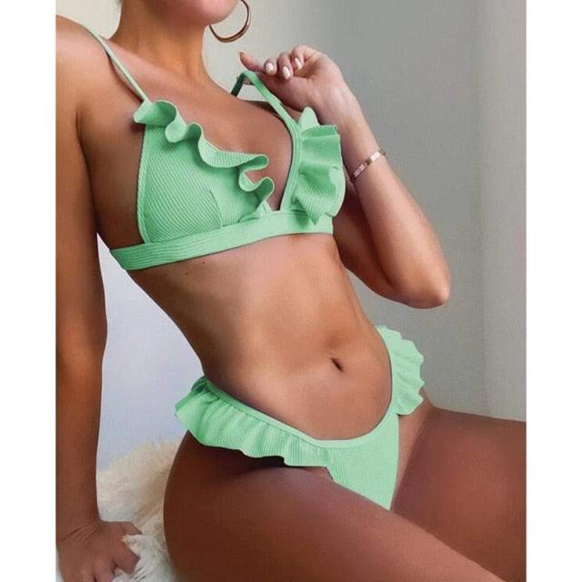 Bikinis Women's Swimsuits Crop Top High Cut Bikini Set String Bathing Suits Two Piece Swimsuits Ruffle Women's Swimwear Push Up Bathing Suits High Cut Bikini Set Two Piece Bathing Suits For Women Stevvex