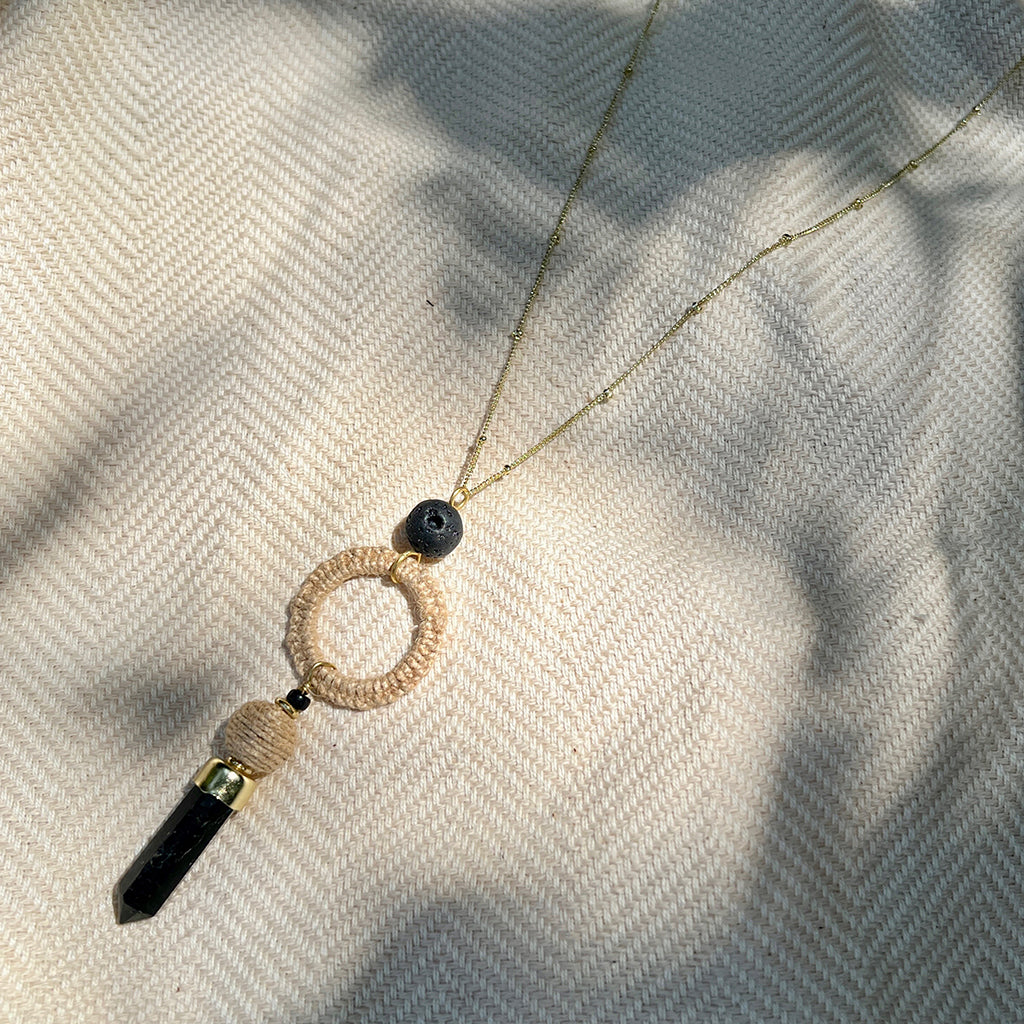 Black Agate Jute Necklace Polished Stone Pendant With Jute Halo Boho Layering Necklace BandsCo Straps