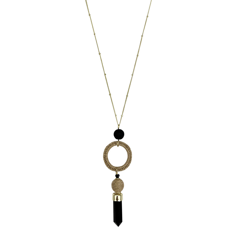 Black Agate Jute Necklace Polished Stone Pendant With Jute Halo Boho Layering Necklace BandsCo Straps