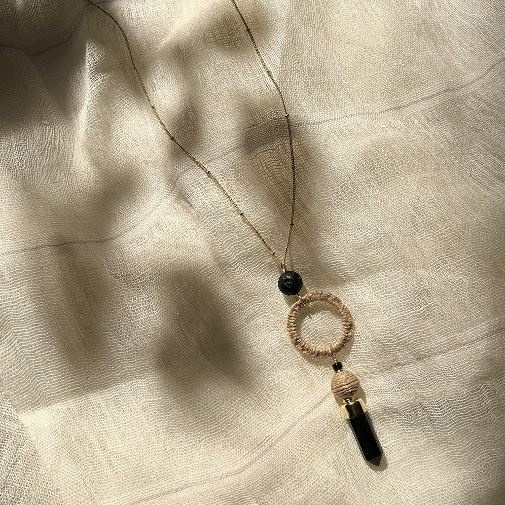 Black Agate Jute Necklace Polished Stone Pendant With Jute Halo Boho Layering Necklace BandsCo Straps