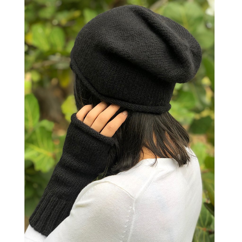 Black Alpaca Fingerless Gloves Long Ribbed Cuff Warm Wrist Sleeve BandsCo Straps