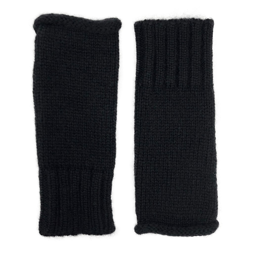 Black Alpaca Fingerless Gloves Long Ribbed Cuff Warm Wrist Sleeve BandsCo Straps