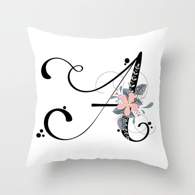 Black Alphabet Flower Print Pillow Cover White Polyester Modern Cushion Cover Decorative Pillowcase For Sofa Bed Chair Car Throw Pillow Covers Decorative Pillow Cases ABC Letter Cushion Covers Square Pillow Protectors Home Decor 45x45cm Stevvex
