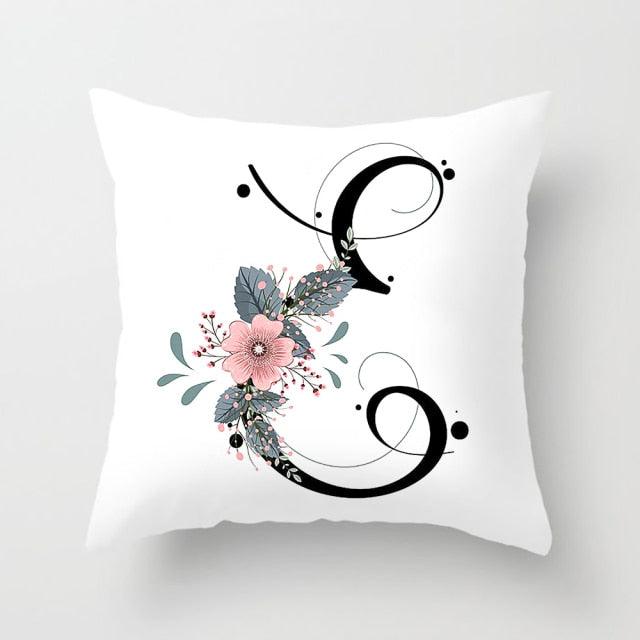 Black Alphabet Flower Print Pillow Cover White Polyester Modern Cushion Cover Decorative Pillowcase For Sofa Bed Chair Car Throw Pillow Covers Decorative Pillow Cases ABC Letter Cushion Covers Square Pillow Protectors Home Decor 45x45cm Stevvex