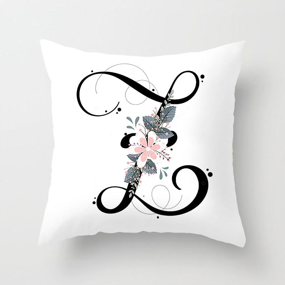 Black Alphabet Flower Print Pillow Cover White Polyester Modern Cushion Cover Decorative Pillowcase For Sofa Bed Chair Car Throw Pillow Covers Decorative Pillow Cases ABC Letter Cushion Covers Square Pillow Protectors Home Decor 45x45cm Stevvex