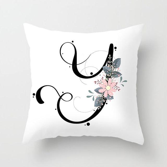Black Alphabet Flower Print Pillow Cover White Polyester Modern Cushion Cover Decorative Pillowcase For Sofa Bed Chair Car Throw Pillow Covers Decorative Pillow Cases ABC Letter Cushion Covers Square Pillow Protectors Home Decor 45x45cm Stevvex