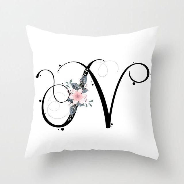 Black Alphabet Flower Print Pillow Cover White Polyester Modern Cushion Cover Decorative Pillowcase For Sofa Bed Chair Car Throw Pillow Covers Decorative Pillow Cases ABC Letter Cushion Covers Square Pillow Protectors Home Decor 45x45cm Stevvex