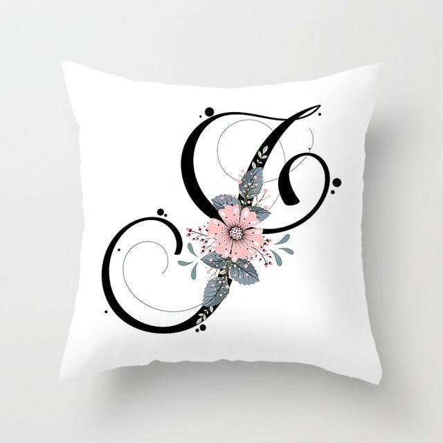 Black Alphabet Flower Print Pillow Cover White Polyester Modern Cushion Cover Decorative Pillowcase For Sofa Bed Chair Car Throw Pillow Covers Decorative Pillow Cases ABC Letter Cushion Covers Square Pillow Protectors Home Decor 45x45cm Stevvex