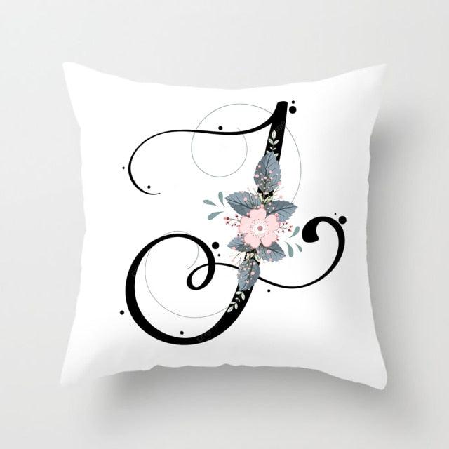Black Alphabet Flower Print Pillow Cover White Polyester Modern Cushion Cover Decorative Pillowcase For Sofa Bed Chair Car Throw Pillow Covers Decorative Pillow Cases ABC Letter Cushion Covers Square Pillow Protectors Home Decor 45x45cm Stevvex