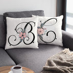 Black Alphabet Flower Print Pillow Cover White Polyester Modern Cushion Cover Decorative Pillowcase For Sofa Bed Chair Car Throw Pillow Covers Decorative Pillow Cases ABC Letter Cushion Covers Square Pillow Protectors Home Decor 45x45cm Stevvex