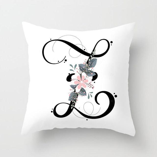 Black Alphabet Flower Print Pillow Cover White Polyester Modern Cushion Cover Decorative Pillowcase For Sofa Bed Chair Car Throw Pillow Covers Decorative Pillow Cases ABC Letter Cushion Covers Square Pillow Protectors Home Decor 45x45cm Stevvex