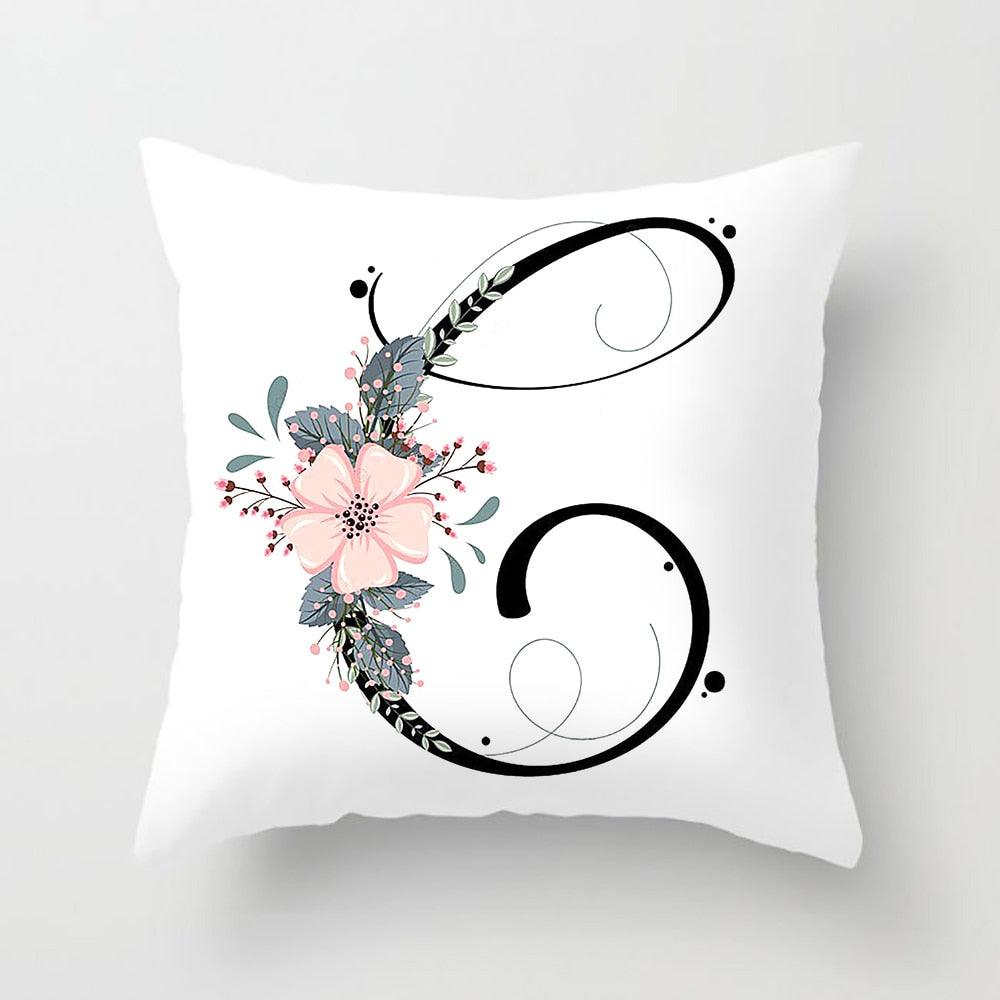 Black Alphabet Flower Print Pillow Cover White Polyester Modern Cushion Cover Decorative Pillowcase For Sofa Bed Chair Car Throw Pillow Covers Decorative Pillow Cases ABC Letter Cushion Covers Square Pillow Protectors Home Decor 45x45cm Stevvex