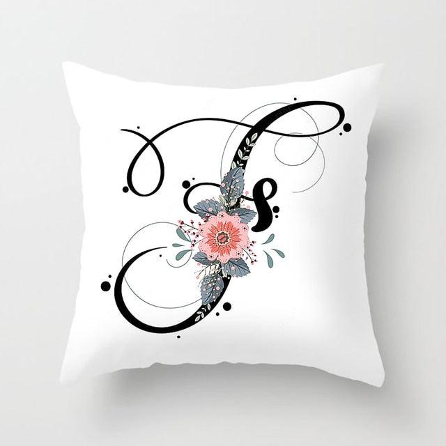 Black Alphabet Flower Print Pillow Cover White Polyester Modern Cushion Cover Decorative Pillowcase For Sofa Bed Chair Car Throw Pillow Covers Decorative Pillow Cases ABC Letter Cushion Covers Square Pillow Protectors Home Decor 45x45cm Stevvex