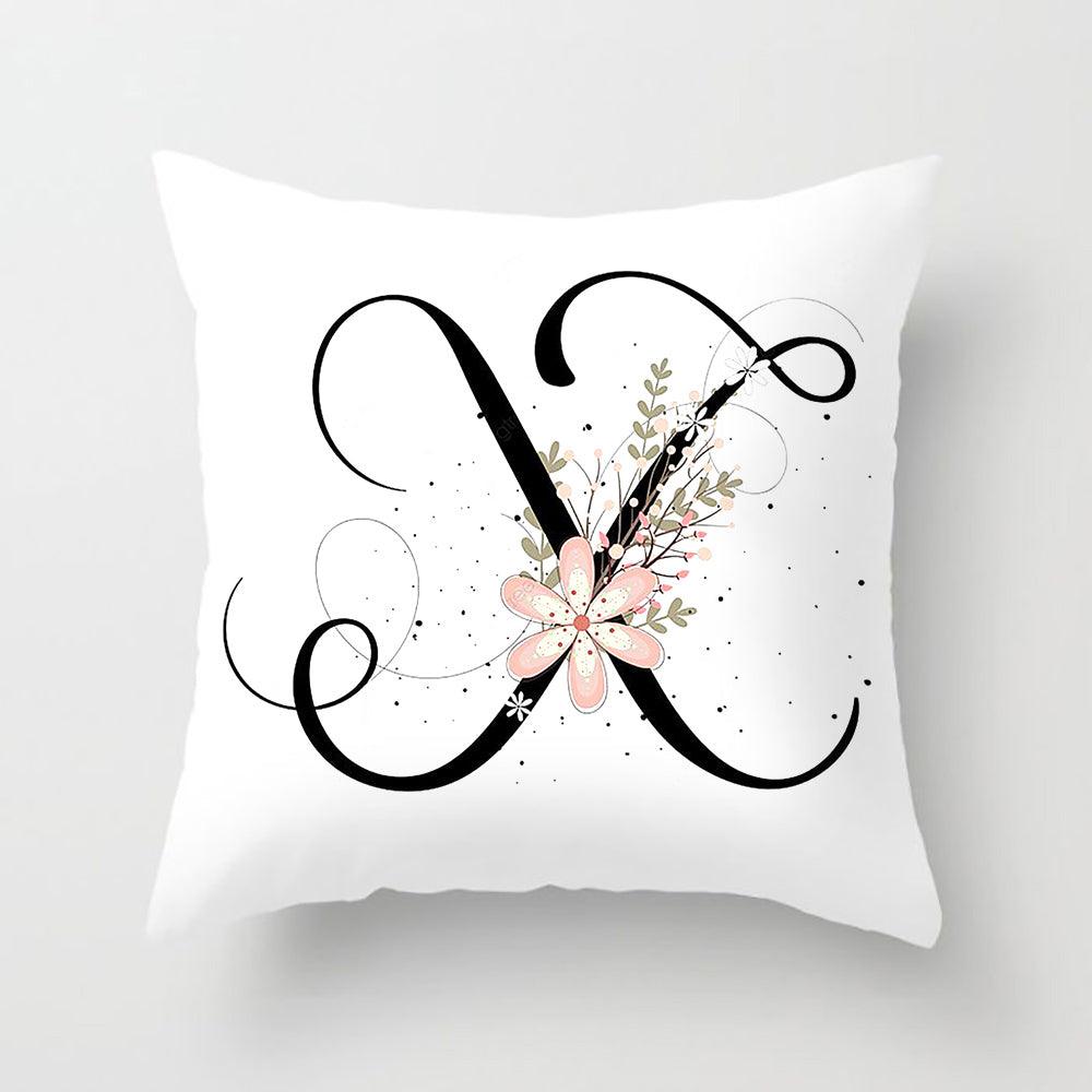 Black Alphabet Flower Print Pillow Cover White Polyester Modern Cushion Cover Decorative Pillowcase For Sofa Bed Chair Car Throw Pillow Covers Decorative Pillow Cases ABC Letter Cushion Covers Square Pillow Protectors Home Decor 45x45cm Stevvex