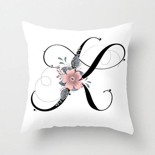 Black Alphabet Flower Print Pillow Cover White Polyester Modern Cushion Cover Decorative Pillowcase For Sofa Bed Chair Car Throw Pillow Covers Decorative Pillow Cases ABC Letter Cushion Covers Square Pillow Protectors Home Decor 45x45cm Stevvex