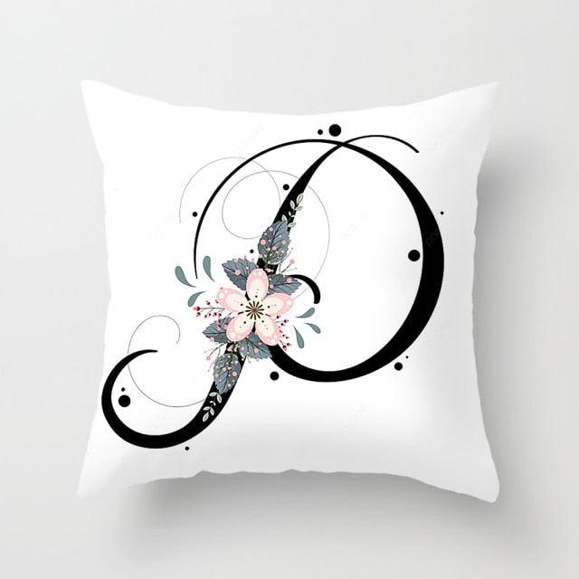 Black Alphabet Flower Print Pillow Cover White Polyester Modern Cushion Cover Decorative Pillowcase For Sofa Bed Chair Car Throw Pillow Covers Decorative Pillow Cases ABC Letter Cushion Covers Square Pillow Protectors Home Decor 45x45cm Stevvex