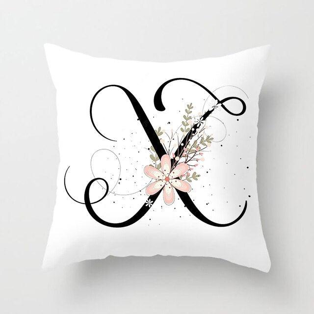 Black Alphabet Flower Print Pillow Cover White Polyester Modern Cushion Cover Decorative Pillowcase For Sofa Bed Chair Car Throw Pillow Covers Decorative Pillow Cases ABC Letter Cushion Covers Square Pillow Protectors Home Decor 45x45cm Stevvex