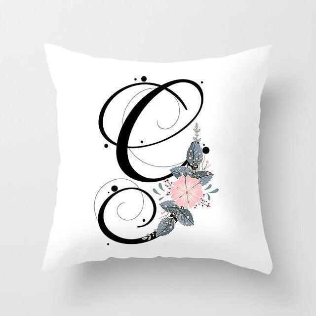 Black Alphabet Flower Print Pillow Cover White Polyester Modern Cushion Cover Decorative Pillowcase For Sofa Bed Chair Car Throw Pillow Covers Decorative Pillow Cases ABC Letter Cushion Covers Square Pillow Protectors Home Decor 45x45cm Stevvex