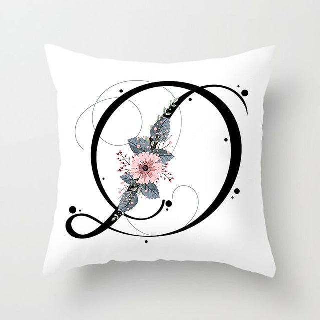 Black Alphabet Flower Print Pillow Cover White Polyester Modern Cushion Cover Decorative Pillowcase For Sofa Bed Chair Car Throw Pillow Covers Decorative Pillow Cases ABC Letter Cushion Covers Square Pillow Protectors Home Decor 45x45cm Stevvex