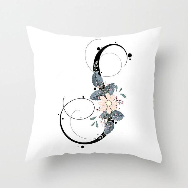 Black Alphabet Flower Print Pillow Cover White Polyester Modern Cushion Cover Decorative Pillowcase For Sofa Bed Chair Car Throw Pillow Covers Decorative Pillow Cases ABC Letter Cushion Covers Square Pillow Protectors Home Decor 45x45cm Stevvex