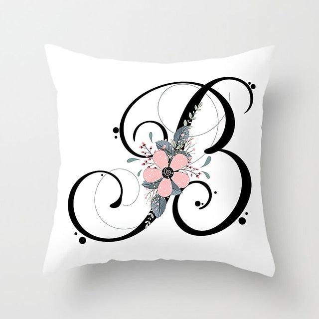Black Alphabet Flower Print Pillow Cover White Polyester Modern Cushion Cover Decorative Pillowcase For Sofa Bed Chair Car Throw Pillow Covers Decorative Pillow Cases ABC Letter Cushion Covers Square Pillow Protectors Home Decor 45x45cm Stevvex