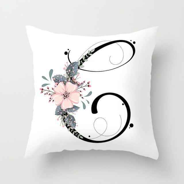 Black Alphabet Flower Print Pillow Cover White Polyester Modern Cushion Cover Decorative Pillowcase For Sofa Bed Chair Car Throw Pillow Covers Decorative Pillow Cases ABC Letter Cushion Covers Square Pillow Protectors Home Decor 45x45cm Stevvex
