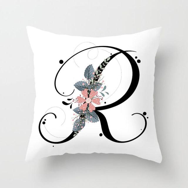 Black Alphabet Flower Print Pillow Cover White Polyester Modern Cushion Cover Decorative Pillowcase For Sofa Bed Chair Car Throw Pillow Covers Decorative Pillow Cases ABC Letter Cushion Covers Square Pillow Protectors Home Decor 45x45cm Stevvex