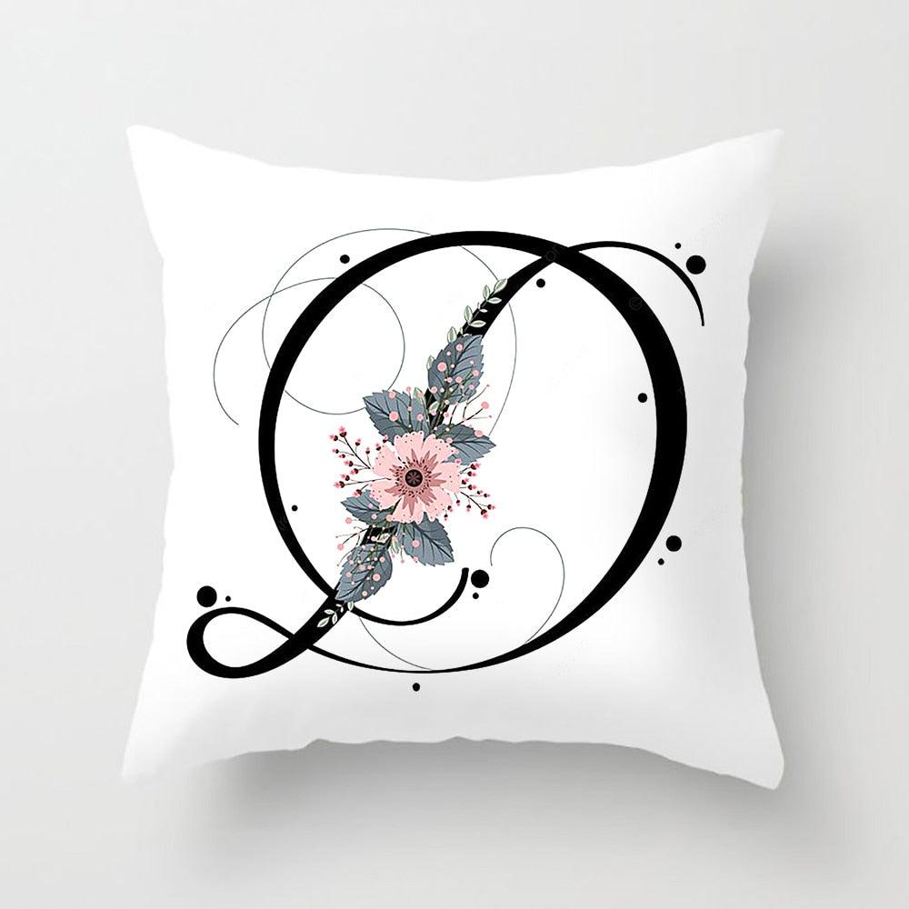 Black Alphabet Flower Print Pillow Cover White Polyester Modern Cushion Cover Decorative Pillowcase For Sofa Bed Chair Car Throw Pillow Covers Decorative Pillow Cases ABC Letter Cushion Covers Square Pillow Protectors Home Decor 45x45cm Stevvex