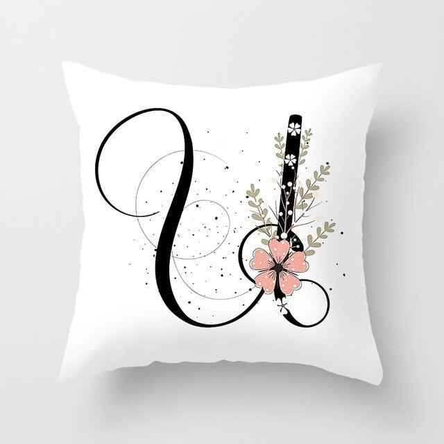 Black Alphabet Flower Print Pillow Cover White Polyester Modern Cushion Cover Decorative Pillowcase For Sofa Bed Chair Car Throw Pillow Covers Decorative Pillow Cases ABC Letter Cushion Covers Square Pillow Protectors Home Decor 45x45cm Stevvex