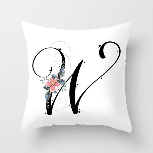 Black Alphabet Flower Print Pillow Cover White Polyester Modern Cushion Cover Decorative Pillowcase For Sofa Bed Chair Car Throw Pillow Covers Decorative Pillow Cases ABC Letter Cushion Covers Square Pillow Protectors Home Decor 45x45cm Stevvex