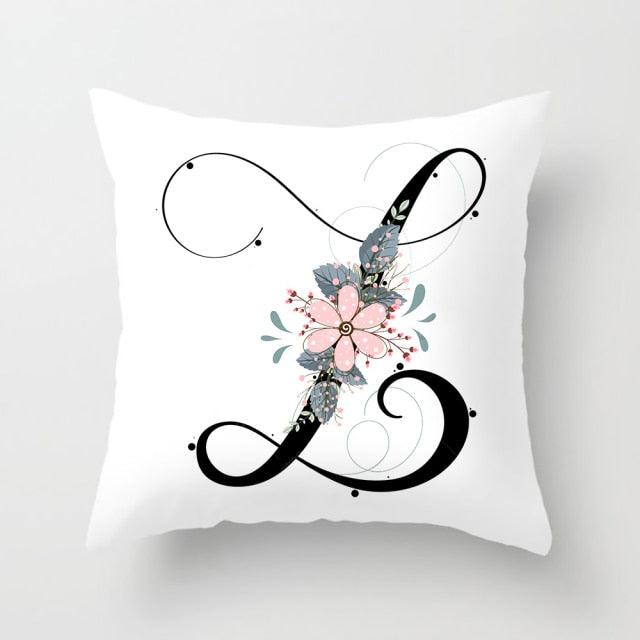 Black Alphabet Flower Print Pillow Cover White Polyester Modern Cushion Cover Decorative Pillowcase For Sofa Bed Chair Car Throw Pillow Covers Decorative Pillow Cases ABC Letter Cushion Covers Square Pillow Protectors Home Decor 45x45cm Stevvex