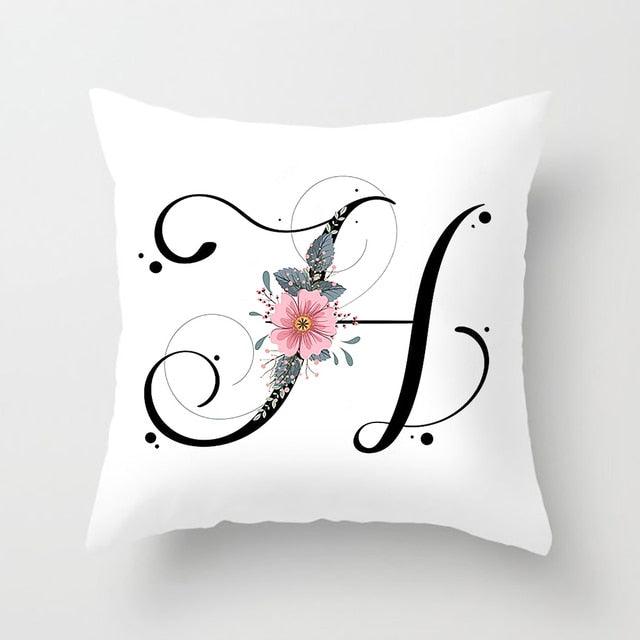 Black Alphabet Flower Print Pillow Cover White Polyester Modern Cushion Cover Decorative Pillowcase For Sofa Bed Chair Car Throw Pillow Covers Decorative Pillow Cases ABC Letter Cushion Covers Square Pillow Protectors Home Decor 45x45cm Stevvex