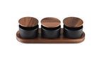Black Ceramic Condiment Set With Acacia Wood Lids And Base 3 Bowls BandsCo Straps