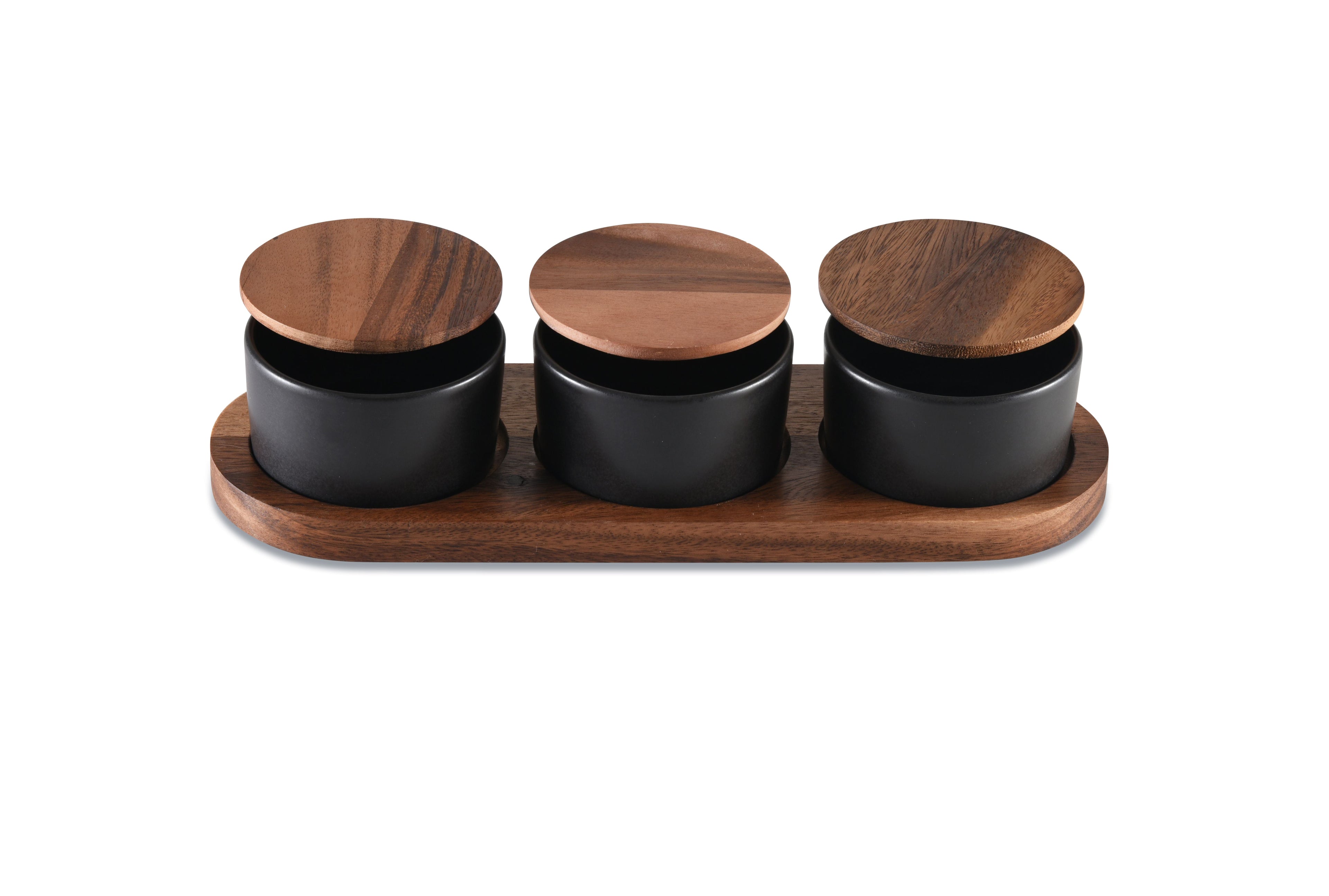 Black Ceramic Condiment Set With Acacia Wood Lids And Base 3 Bowls BandsCo Straps