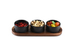 Black Ceramic Condiment Set With Acacia Wood Lids And Base 3 Bowls BandsCo Straps