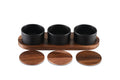 Black Ceramic Condiment Set With Acacia Wood Lids And Base 3 Bowls BandsCo Straps