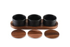 Black Ceramic Condiment Set With Acacia Wood Lids And Base 3 Bowls BandsCo Straps