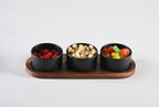 Black Ceramic Condiment Set With Acacia Wood Lids And Base 3 Bowls BandsCo Straps