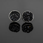 Black Druzy Round Stud Earrings Sterling Silver Minimalist