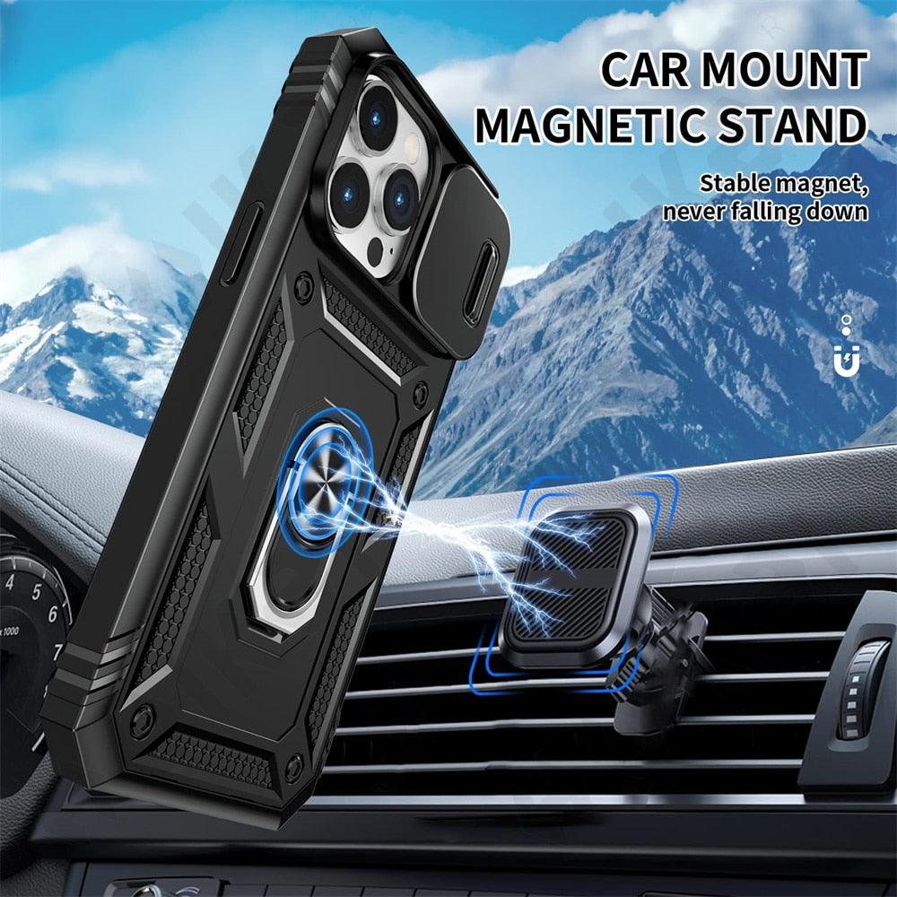 Black Durable Ring Kickstand Case  Design Case For iPhone 11 Pro XS Max 8 7 Plus 360 Full Body Protective Slide Camera Stand Protection Ring Cover Protective Case For iPhone Stevvex