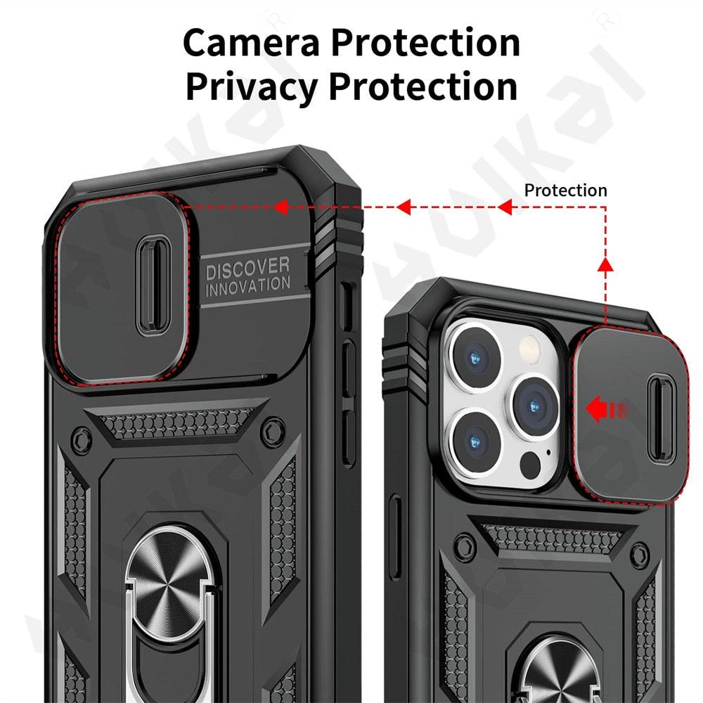 Black Durable Ring Kickstand Case  Design Case For iPhone 11 Pro XS Max 8 7 Plus 360 Full Body Protective Slide Camera Stand Protection Ring Cover Protective Case For iPhone Stevvex
