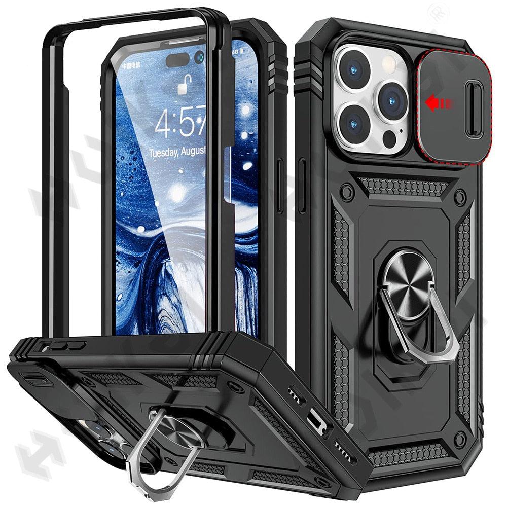 Black Durable Ring Kickstand Case  Design Case For iPhone 11 Pro XS Max 8 7 Plus 360 Full Body Protective Slide Camera Stand Protection Ring Cover Protective Case For iPhone Stevvex