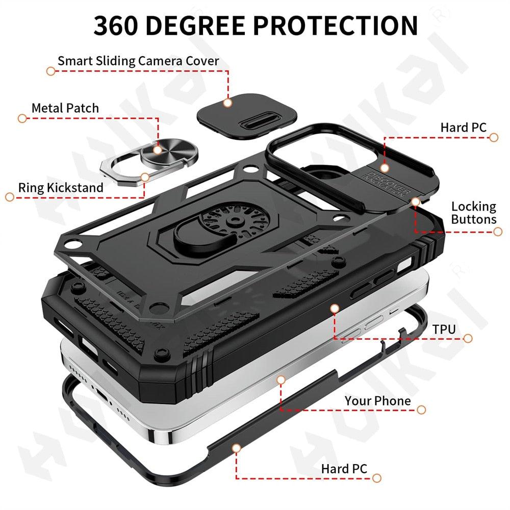 Black Durable Ring Kickstand Case  Design Case For iPhone 11 Pro XS Max 8 7 Plus 360 Full Body Protective Slide Camera Stand Protection Ring Cover Protective Case For iPhone Stevvex
