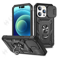 Black Durable Ring Kickstand Case  Design Case For iPhone 11 Pro XS Max 8 7 Plus 360 Full Body Protective Slide Camera Stand Protection Ring Cover Protective Case For iPhone Stevvex