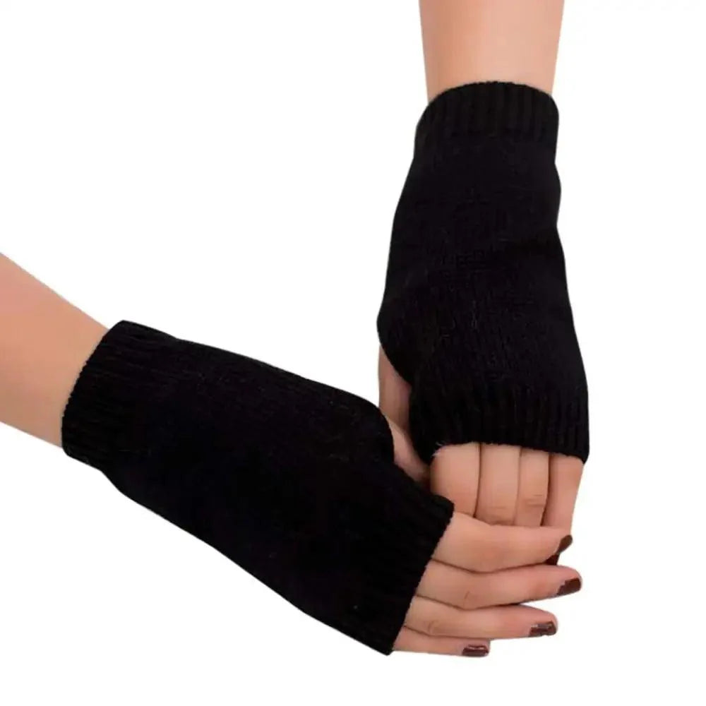 Black Elastic Fingerless Gloves Winter Warm One Size Lightweight Gloves For Women Retro Simple Color Soft Gloves For Men And Women Stevvex