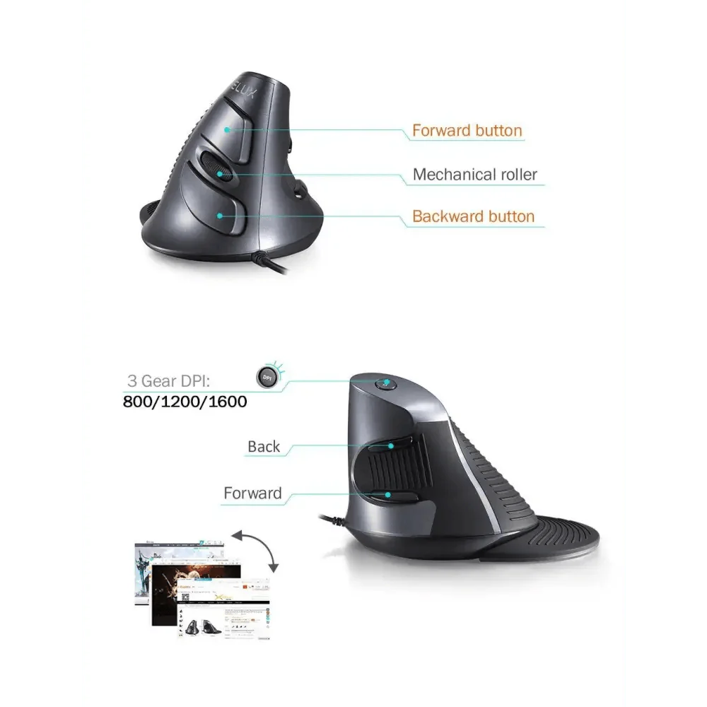 Black Ergonomic Design Vertical Mouse Adjustable DPI Optical Right Hand Mouse Reduce Wrist Pain 6 Buttons Modern Mouse For Computers Laptops PC Stevvex