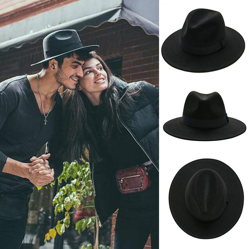 Black Fedora Hat Unisex Wide Brim Hat Autumn Winter Fedora Hat Wide Cap Winter Wool Classic Hat Men Elegant Gentleman Hat For Party Stevvex